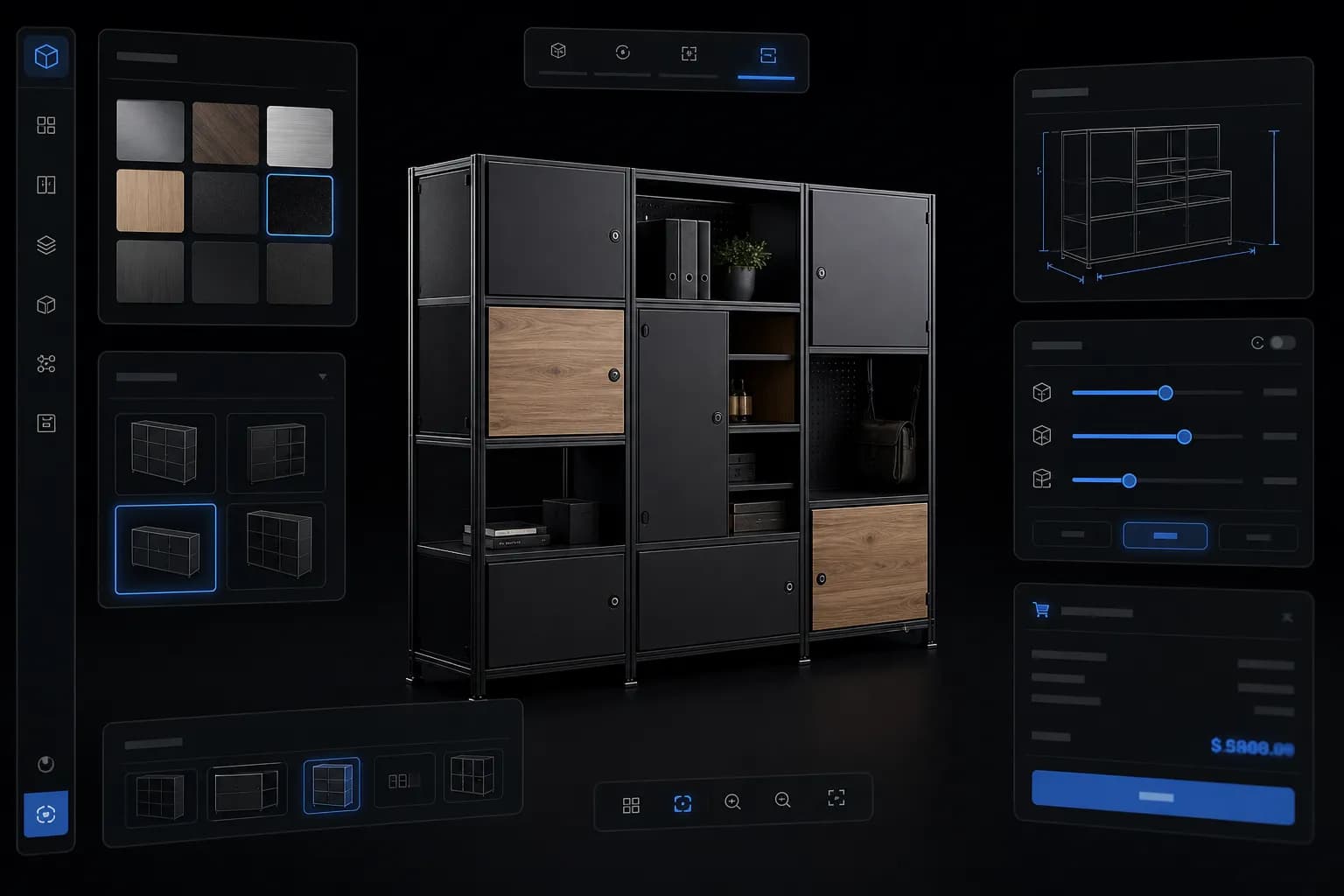 Custom 3D product configurator interface — material swatches, dimension controls and live pricing around a configurable product