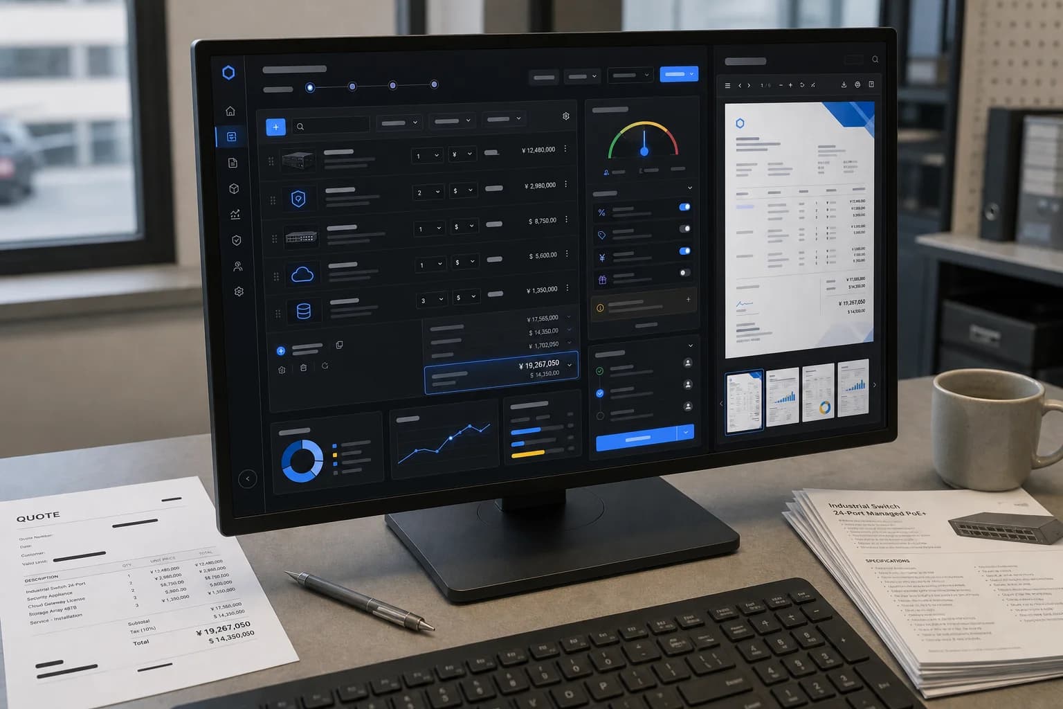 Quote system (CPQ) interface — itemized quote builder with pricing rules and PDF preview
